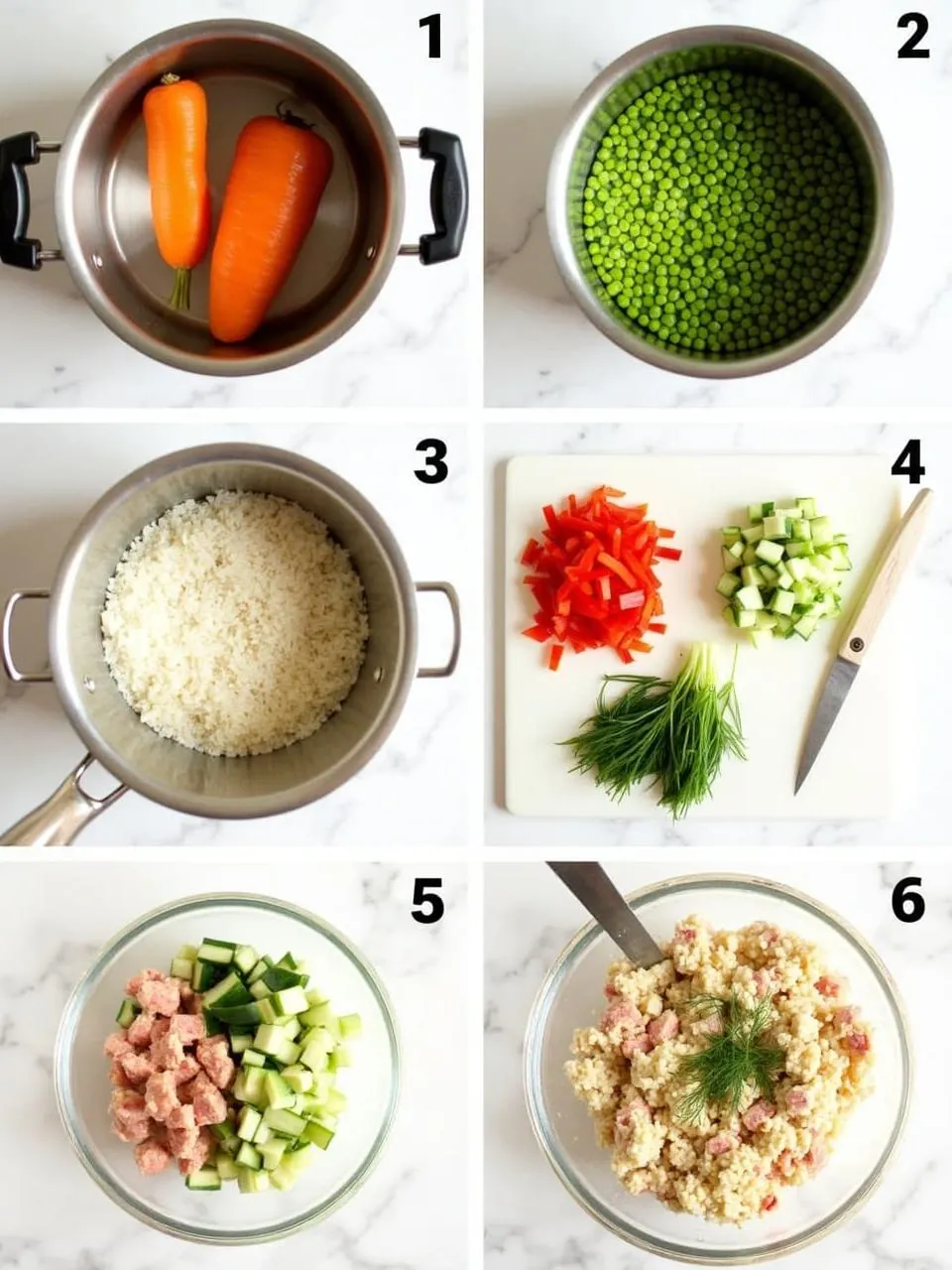 Step-by-step preparation of Lithuanian rice salad with imitation crab, vegetables, rice, and mayonnaise.