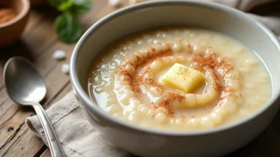 A bowl of creamy Lithuanian semolina porridge topped with cinnamon and sugar, served on a rustic breakfast table with soft natural light.