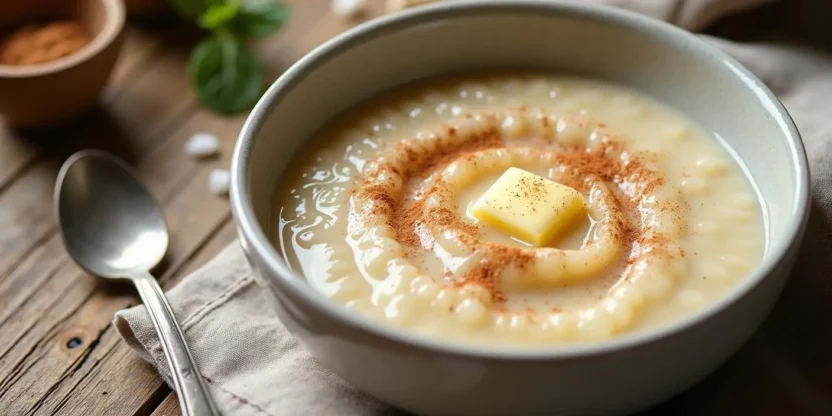 A bowl of creamy Lithuanian semolina porridge topped with cinnamon and sugar, served on a rustic breakfast table with soft natural light.