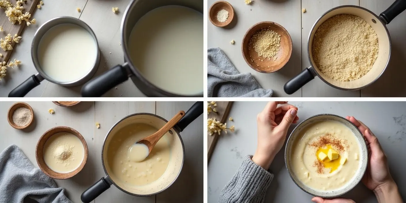 Step-by-step process of making creamy Lithuanian semolina porridge, showing milk simmering, semolina being stirred in, and the finished dish topped with cinnamon and sugar.