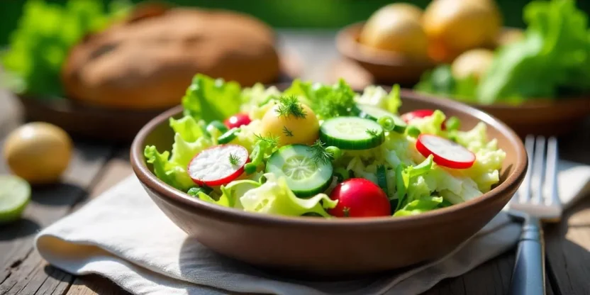 Traditional Lithuanian summer salad with radishes, cucumbers, lettuce, and sour cream in a rustic bowl on an outdoor wooden table