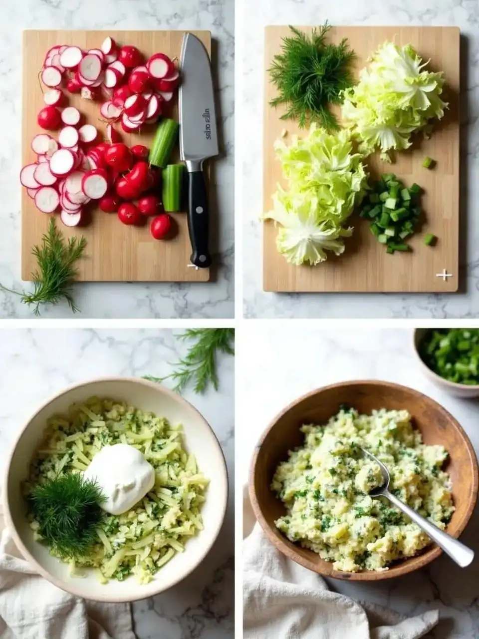 Step-by-step preparation of Lithuanian summer garden salad with fresh vegetables and sour cream in a kitchen setting