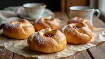 Freshly baked Lithuanian sweet cheese buns (Bandelės su Varške) with farmer’s cheese and jam filling on parchment paper