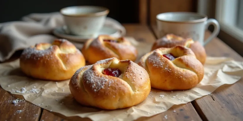 Freshly baked Lithuanian sweet cheese buns (Bandelės su Varške) with farmer’s cheese and jam filling on parchment paper