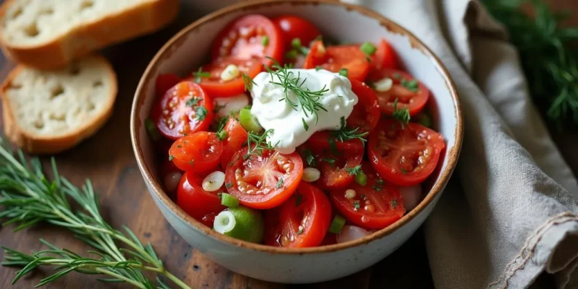 Top-down view of a traditional Lithuanian tomato and onion salad with sour cream and dill, served in a rustic ceramic bowl with a slice of crusty bread on the side.