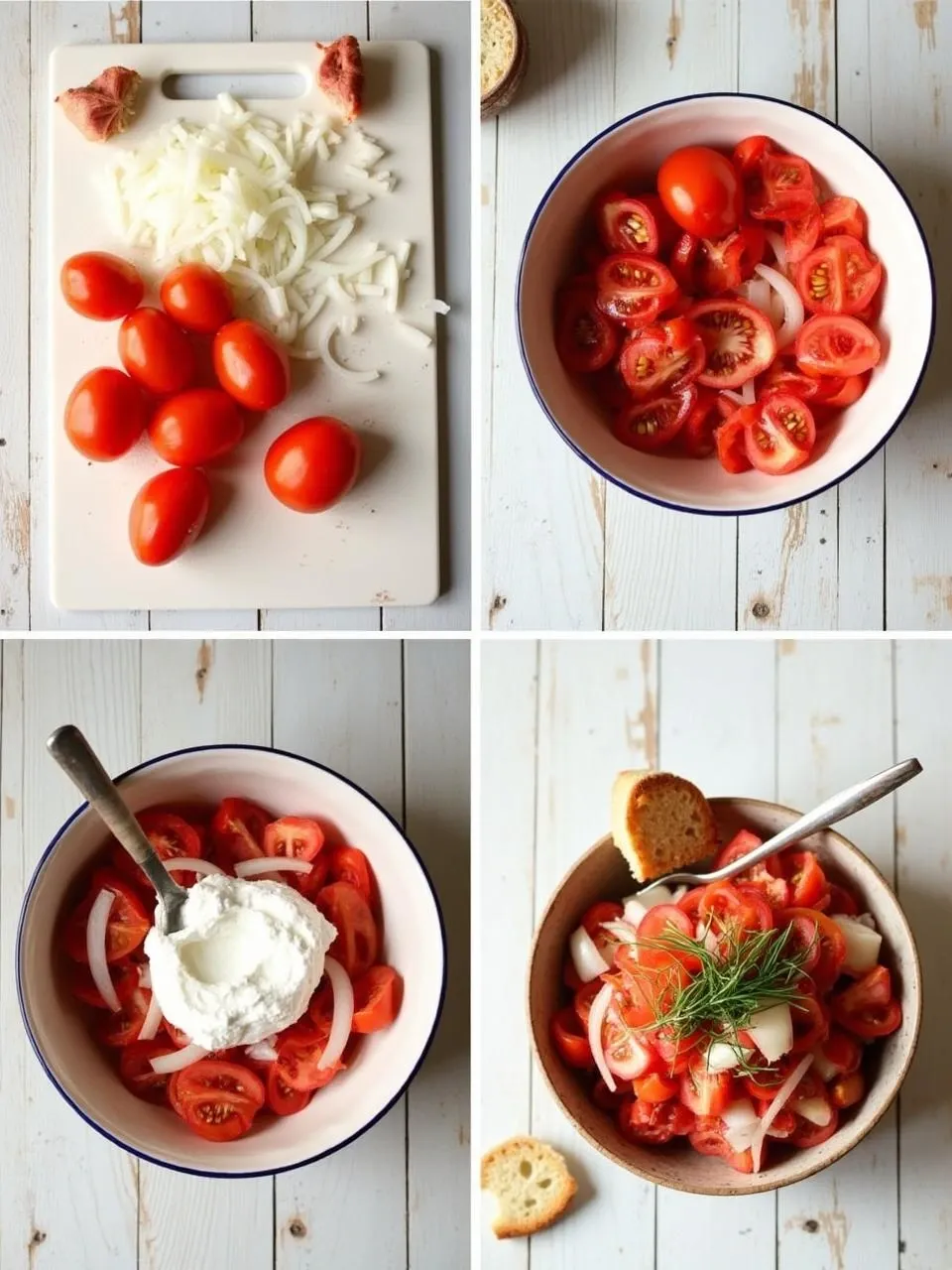 Step-by-step photos showing how to prepare a traditional Lithuanian tomato and onion salad with sour cream, from slicing the vegetables to mixing and serving the finished dish.