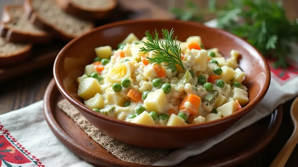 Traditional Lithuanian Boiled Vegetable Salad (Balta Mišrainė) served in a rustic bowl, garnished with dill and surrounded by rye bread on a wooden table.