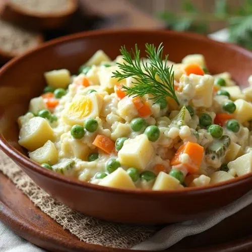 Traditional Lithuanian Boiled Vegetable Salad (Balta Mišrainė) served in a rustic bowl, garnished with dill and surrounded by rye bread on a wooden table.