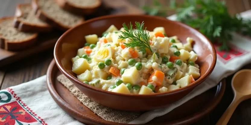 Traditional Lithuanian Boiled Vegetable Salad (Balta Mišrainė) served in a rustic bowl, garnished with dill and surrounded by rye bread on a wooden table.
