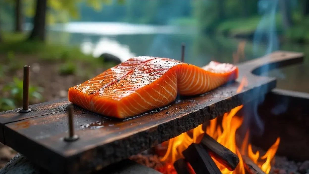 Traditional Finnish Loimulohi – flame-smoked salmon cooking on a wooden plank next to a fire in a forest setting.