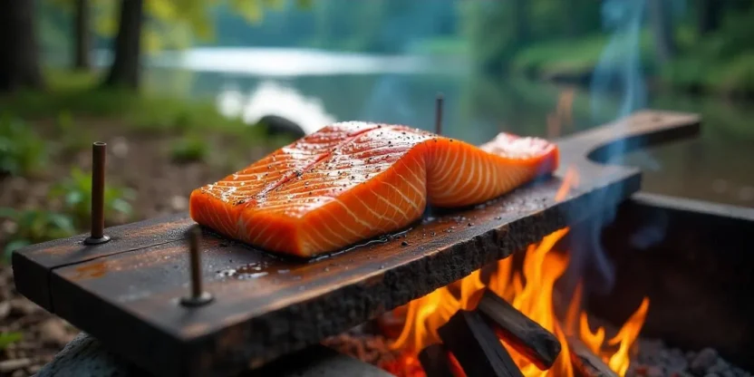 Traditional Finnish Loimulohi – flame-smoked salmon cooking on a wooden plank next to a fire in a forest setting.