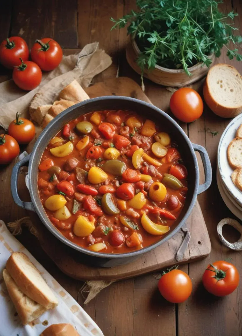 Traditional Hungarian lecso — colorful vegetable stew made with peppers, tomatoes, and onions.