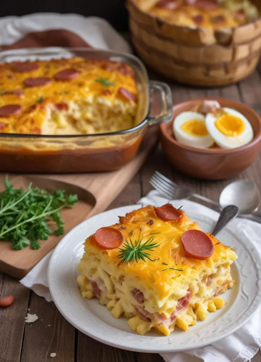 A serving of Hungarian layered potato casserole (rakott krumpli) with a golden, crispy top, layers of potatoes, hard-boiled eggs, smoked sausage, and sour cream."