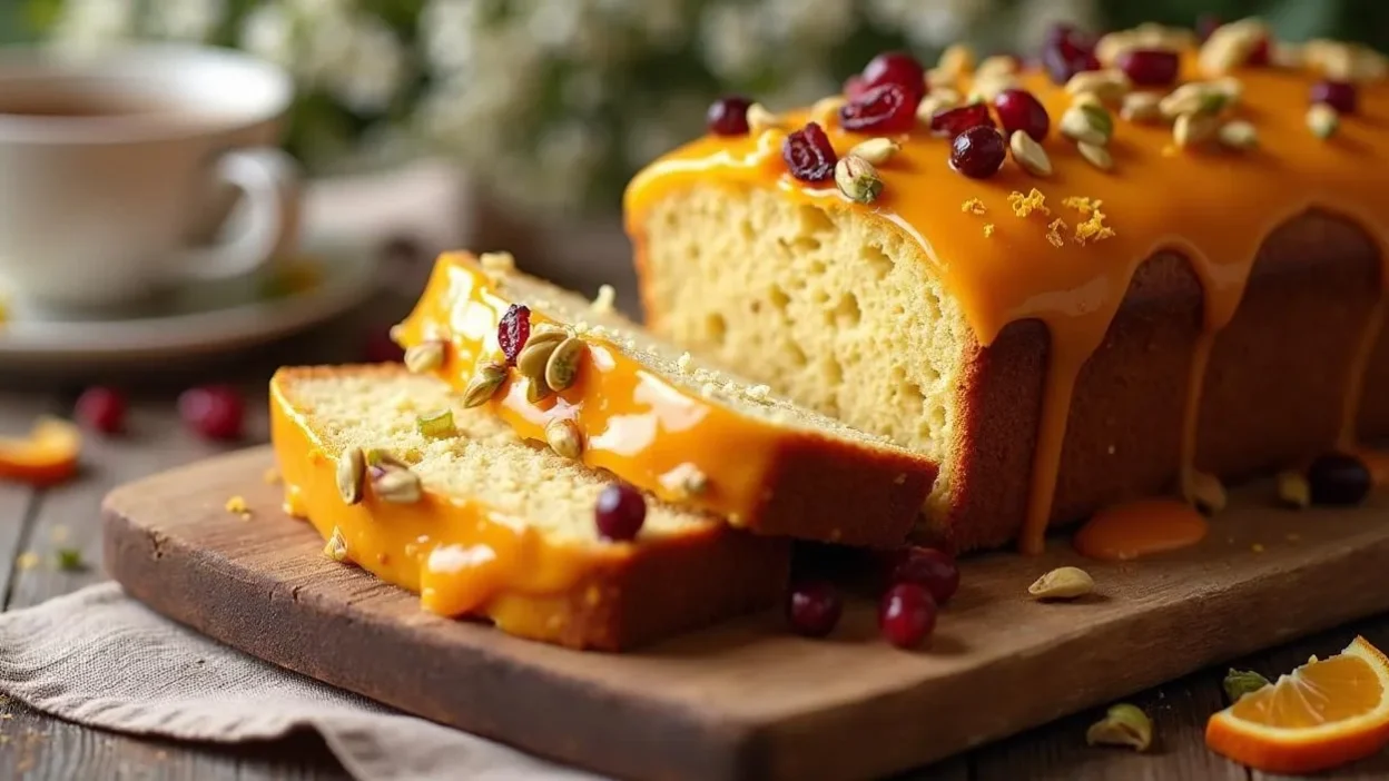 Moist orange loaf cake with orange glaze, garnished with pistachios and cranberries, sliced on a rustic wooden table with springtime decor.