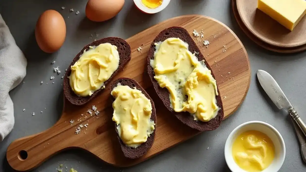 Traditional Finnish Munavoi (egg butter) spread on rye bread, garnished with dill and sea salt, served in a rustic Nordic kitchen setting.