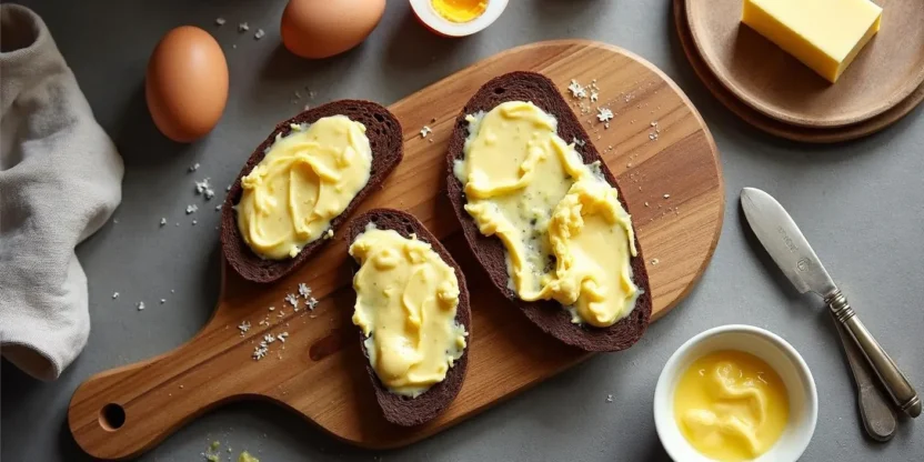 Traditional Finnish Munavoi (egg butter) spread on rye bread, garnished with dill and sea salt, served in a rustic Nordic kitchen setting.