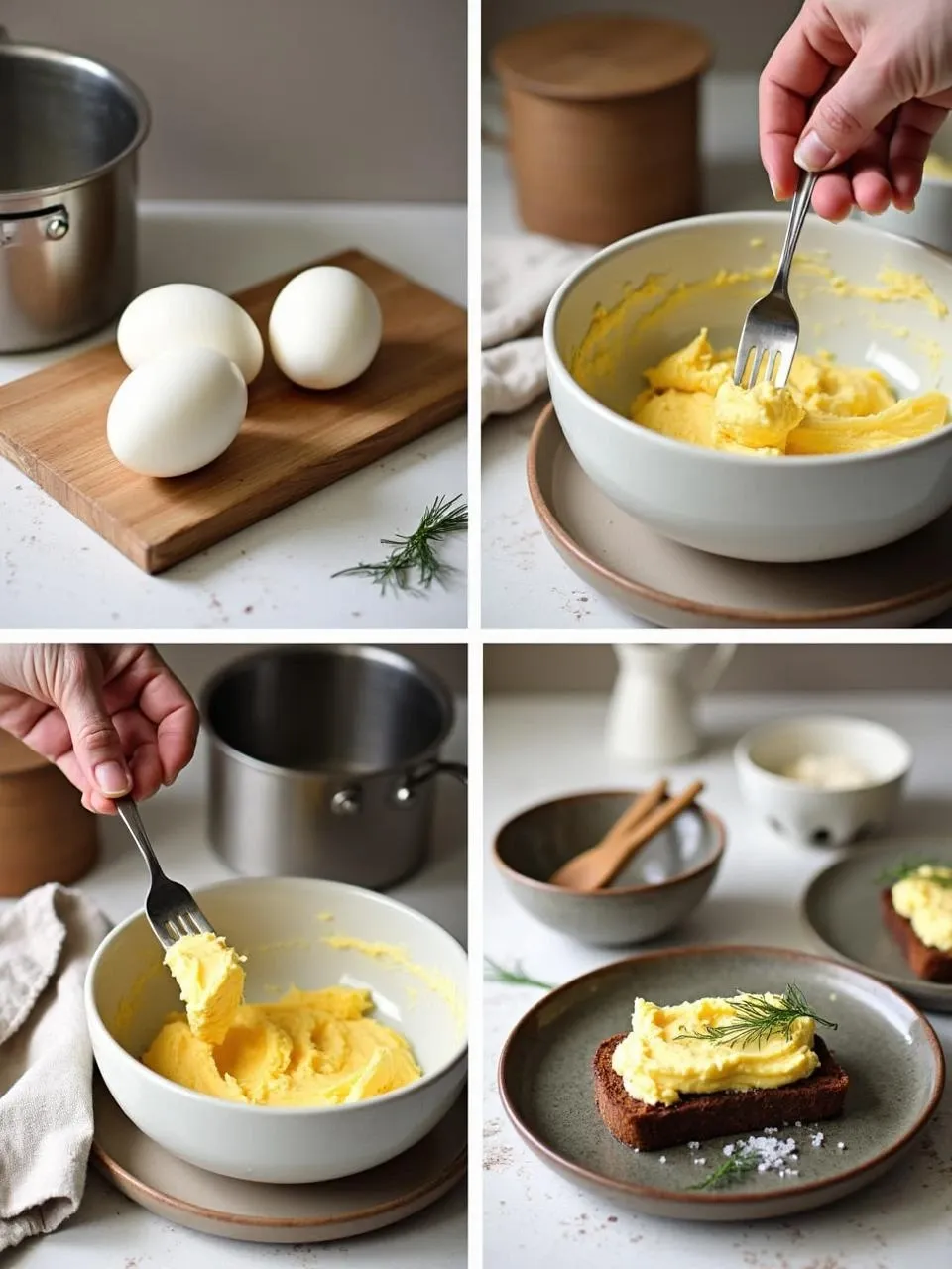 Step-by-step process of making traditional Finnish egg butter (Munavoi), from boiling eggs to spreading the final mixture on rye bread.