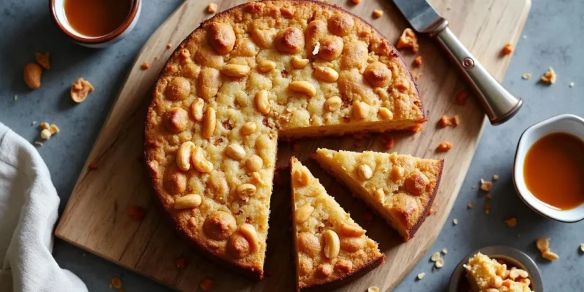Easy No-Bake Caramel Biscuit Cake sliced on a wooden board, with visible peanuts and caramel chunks