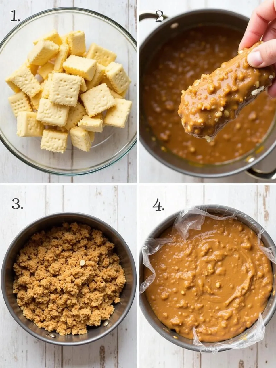 Step-by-step images showing how to make no-bake caramel biscuit cake with crushed biscuits, caramel, butter, and peanuts
