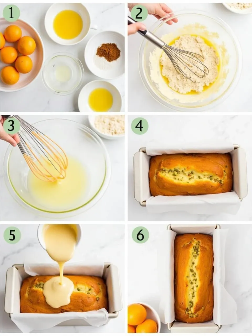 Step-by-step process of making a moist Lithuanian orange loaf cake, from mixing ingredients to glazing and decorating the baked loaf.