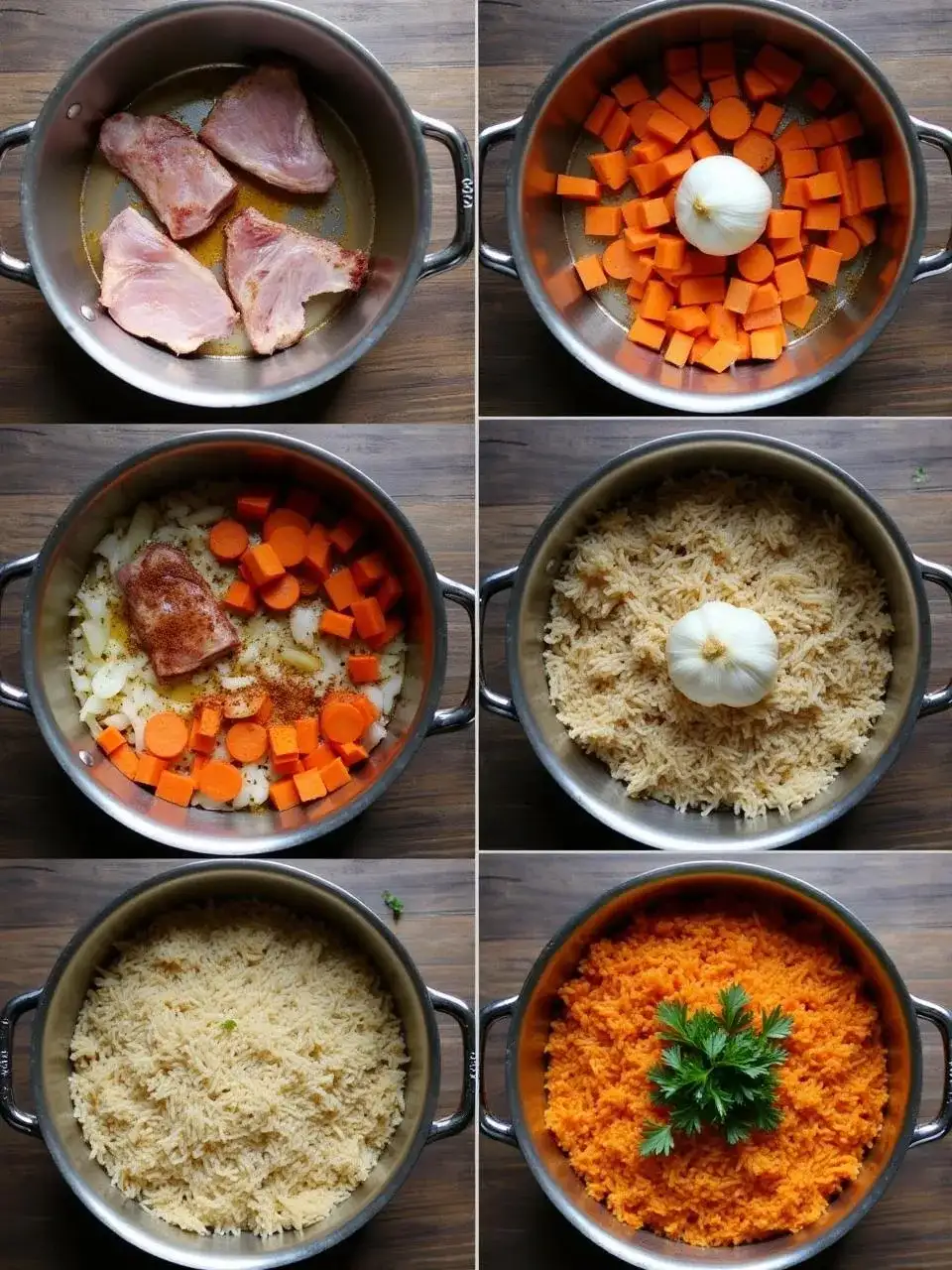 Step-by-step cooking process of traditional Lithuanian pork pilaf (plovas) with pork, rice, vegetables, and spices in a one-pot recipe.