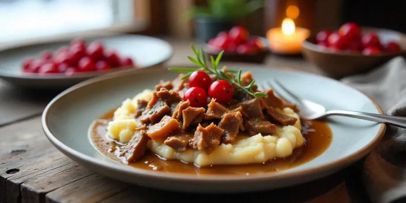 Traditional Finnish Poronkäristys sautéed reindeer served with mashed potatoes and lingonberries on a rustic wooden table.