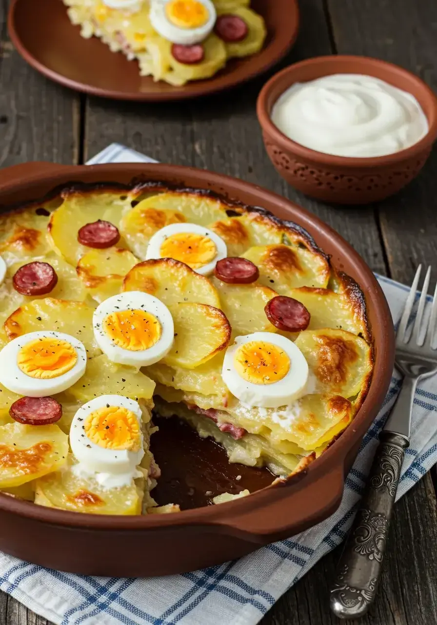Ingredients for Hungarian potato casserole: potatoes, hard-boiled eggs, smoked sausage, sour cream, spices, and grated cheese.