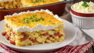 A rustic comfort food made with slices of boiled potatoes, hard-boiled eggs, smoked sausage, and sour cream, all baked to golden perfection.