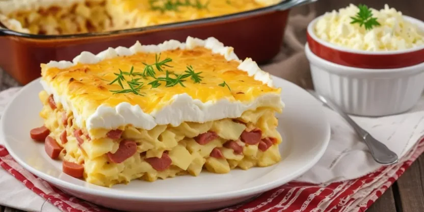 A rustic comfort food made with slices of boiled potatoes, hard-boiled eggs, smoked sausage, and sour cream, all baked to golden perfection.