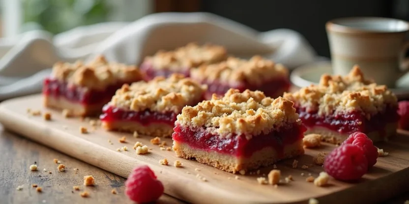 Close-up of golden raspberry crumble bars on a wooden board, with visible layers of buttery crust and raspberry jam, styled with a cup of tea in a cozy, rustic setting.