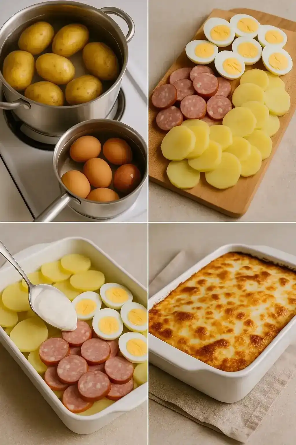 Layers of sliced potatoes, hard-boiled eggs, and smoked sausage in a baking dish, with sour cream added between each layer