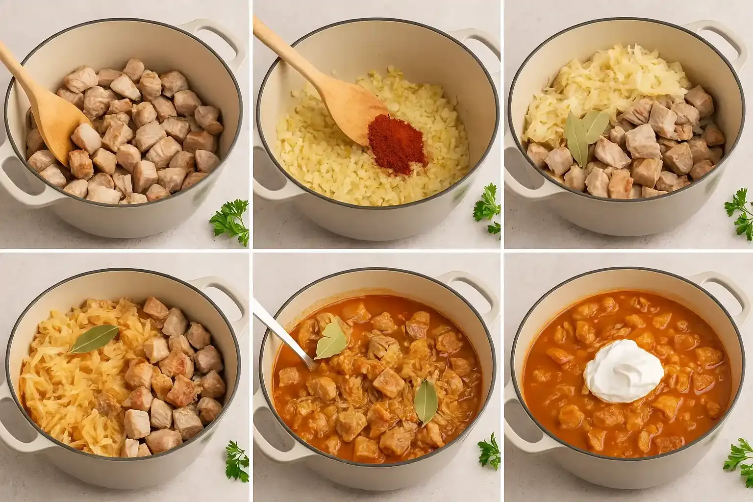 Traditional Hungarian Székelykáposzta — savory sauerkraut stew with pork and creamy sauce.