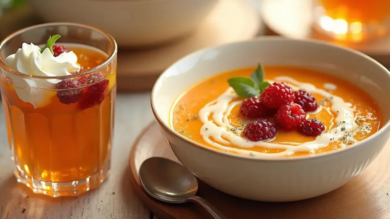 Latvian Maizes Zupa dessert served with cream, dried fruits, and berries in a rustic bowl