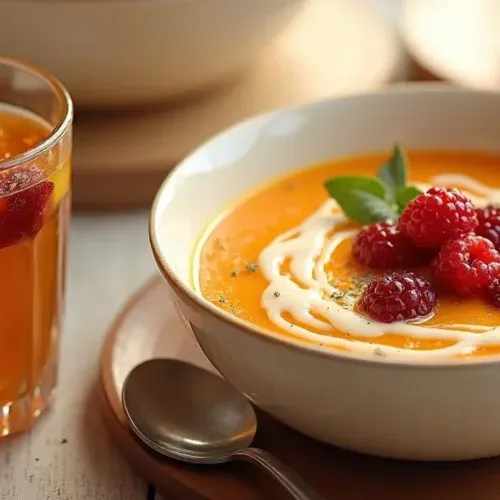 Latvian Maizes Zupa dessert served with cream, dried fruits, and berries in a rustic bowl