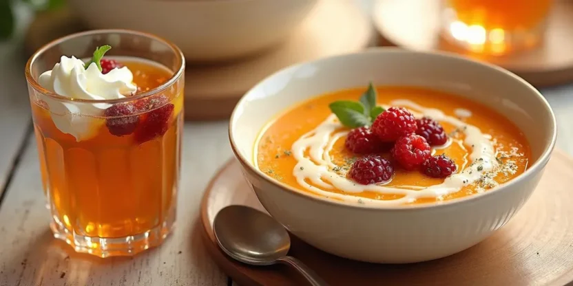 Latvian Maizes Zupa dessert served with cream, dried fruits, and berries in a rustic bowl