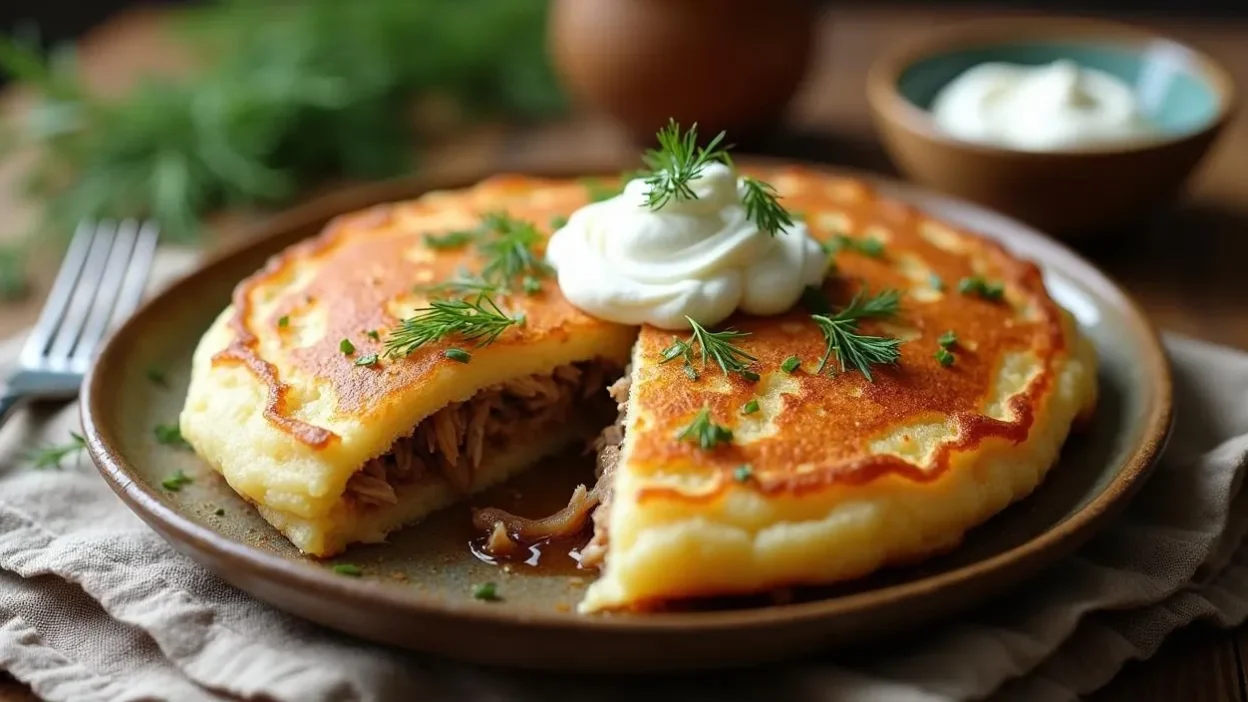Samogitian Pancakes (Žemaičių Blynai) on a rustic plate, cut open to reveal pork filling, served with sour cream and dill – traditional Lithuanian mashed potato pancakes.