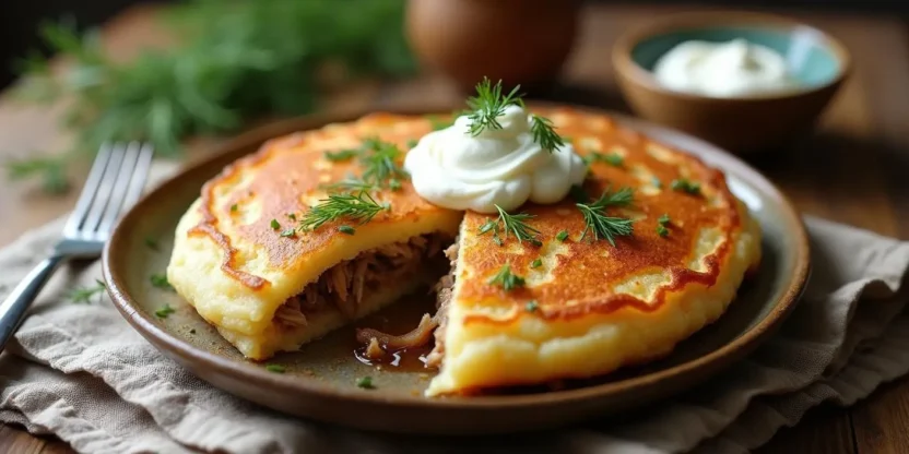 Samogitian Pancakes (Žemaičių Blynai) on a rustic plate, cut open to reveal pork filling, served with sour cream and dill – traditional Lithuanian mashed potato pancakes.