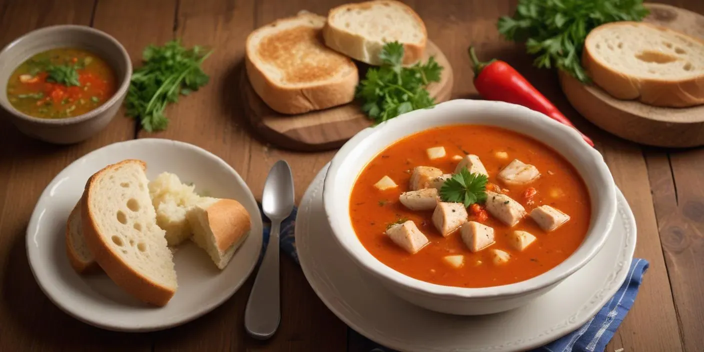 Bowl of tomato soup with chicken cubes, served with bread and fresh herbs.