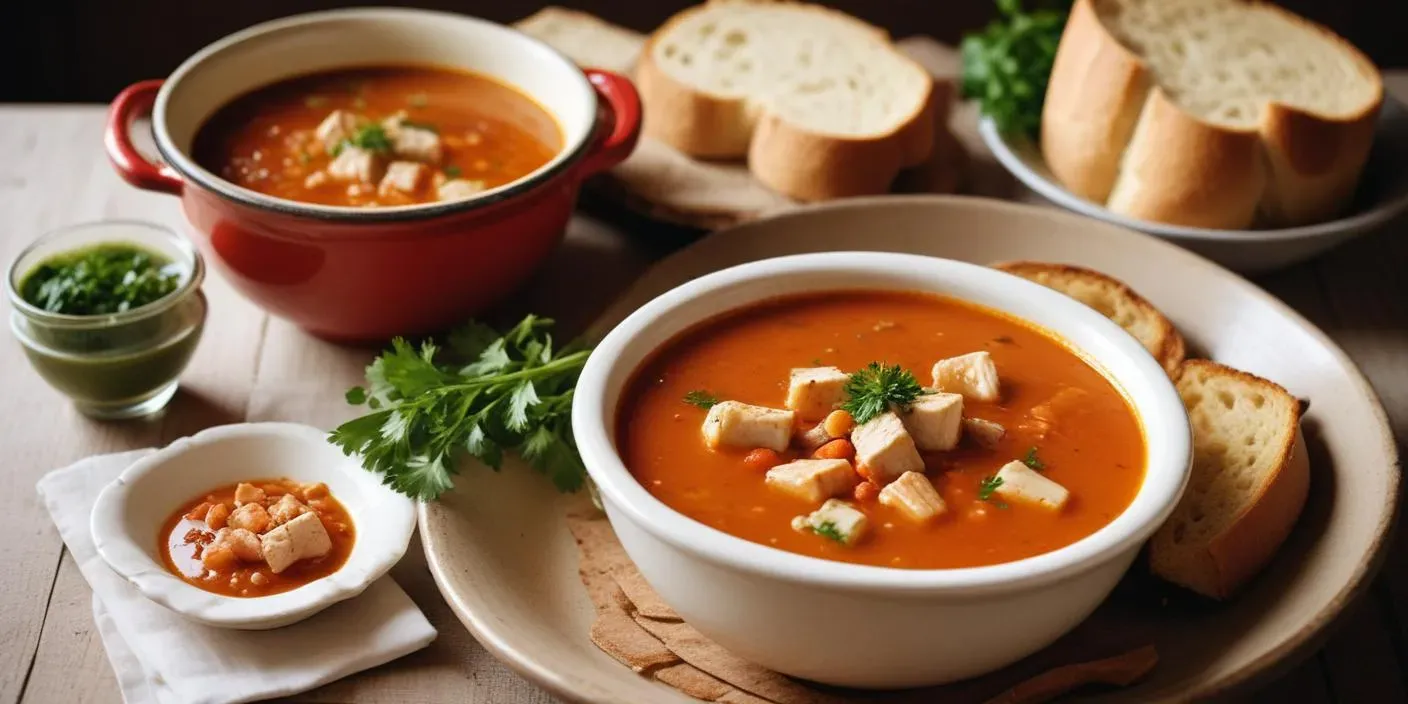 A bowl of Hungarian Halászlé, a traditional spicy fisherman’s soup, made with fresh fish such as carp, catfish, or perch.