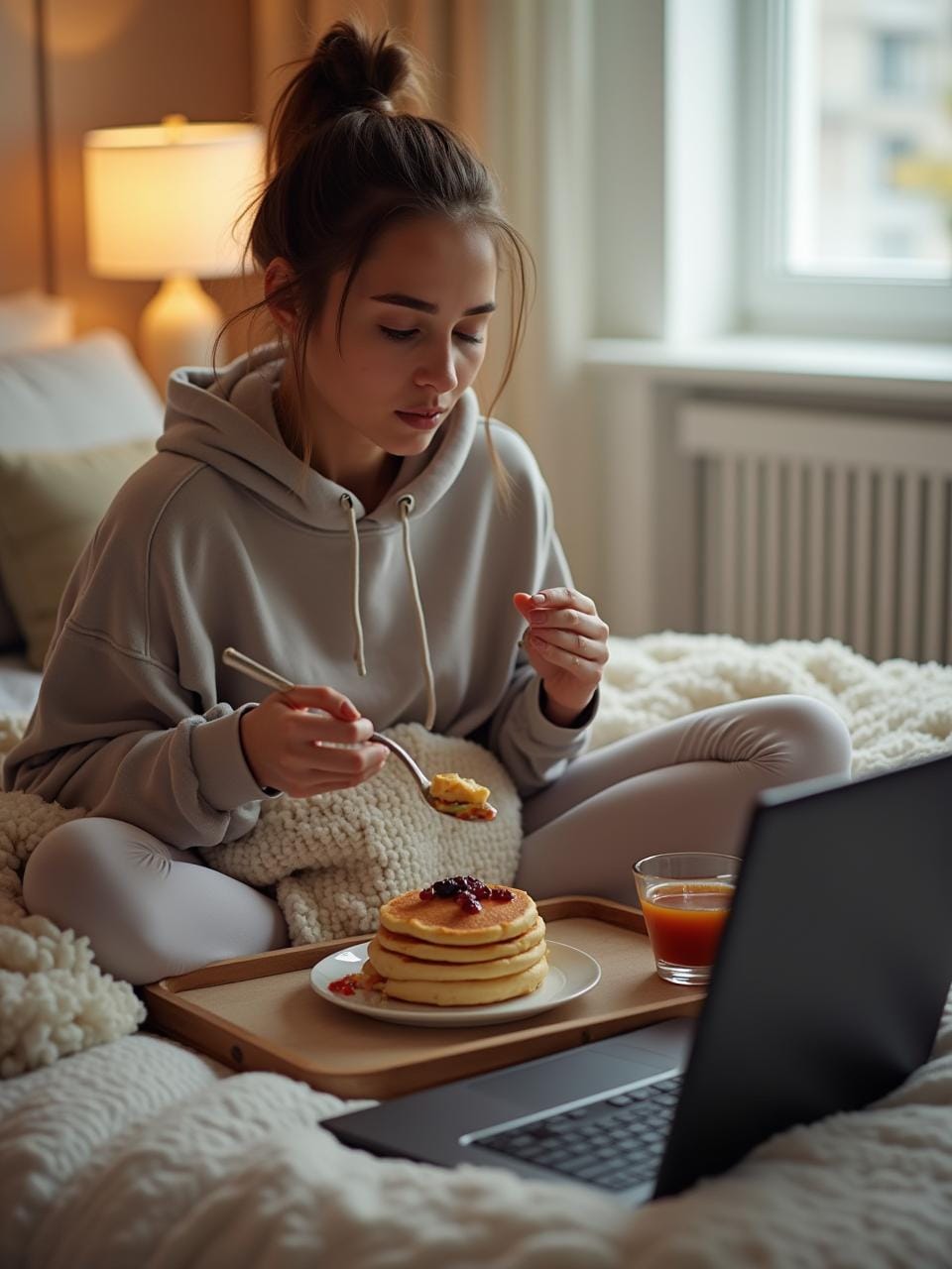 A sporty young woman in cozy loungewear sitting in bed, enjoying pancakes and watching a movie, creating a relaxed and comforting weekend vibe.