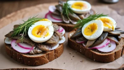 Traditional Estonian open-faced sandwich featuring whole smoked sprats arranged on dark rye bread, topped with slices of hard-boiled egg, pickled red onion, and fresh dill.