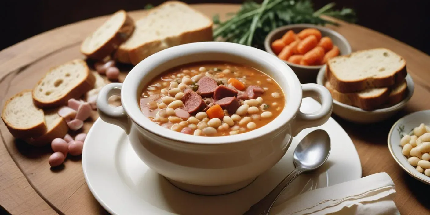 Jókai Bableves is a hearty and flavorful Hungarian soup made with white beans, smoked ham hock, spicy sausage, and a medley of root vegetables.