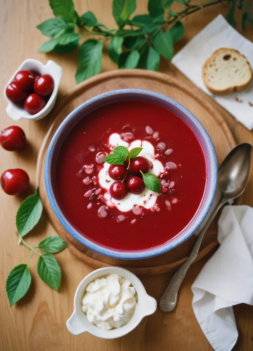 Meggyleves is a refreshing and unique chilled soup from Hungary made with sour cherries, sugar, cinnamon, and sour cream.