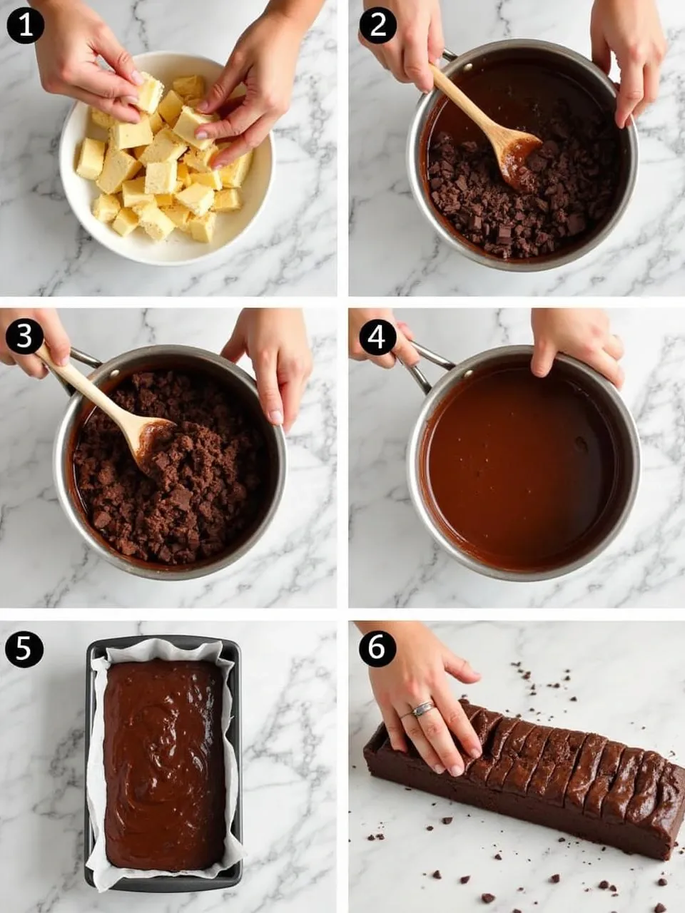 Step-by-step process of making traditional Lithuanian Lazy Cake (Tinginys), showing preparation, mixing, molding, and slicing stages.