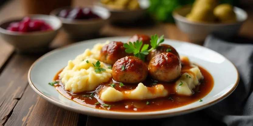Traditional Finnish meatballs (Lihapullat) served with creamy mashed potatoes, brown sauce, and Scandinavian side dishes in a cozy kitchen setting.