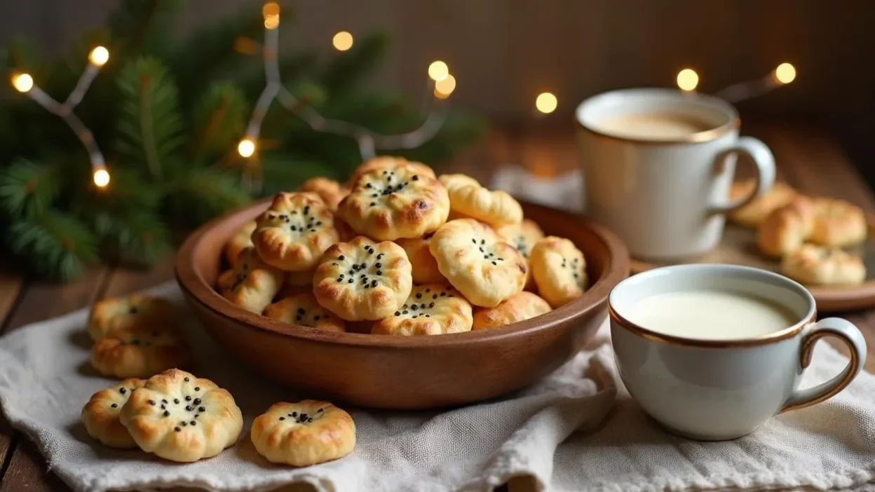 Traditional Lithuanian Kūčiukai served in a wooden bowl with poppy seed milk, surrounded by festive Christmas decor on a rustic wooden table.