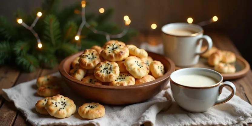 Traditional Lithuanian Kūčiukai served in a wooden bowl with poppy seed milk, surrounded by festive Christmas decor on a rustic wooden table.