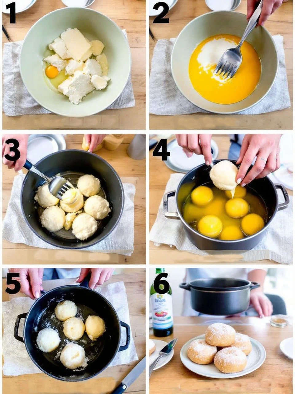 Step-by-step photos showing how to make Lithuanian Farmer’s Cheese Doughnuts (Varškės Spurgos) from mixing the dough to frying and dusting with sugar
