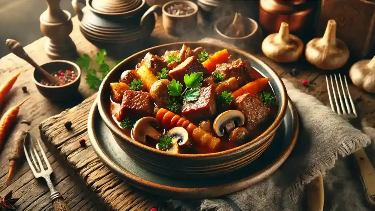 Traditional Estonian wild boar stew served hot in a rustic ceramic bowl. A hearty and flavorful dish made with slow-cooked wild game meat, root vegetables, mushrooms, and aromatic herbs.