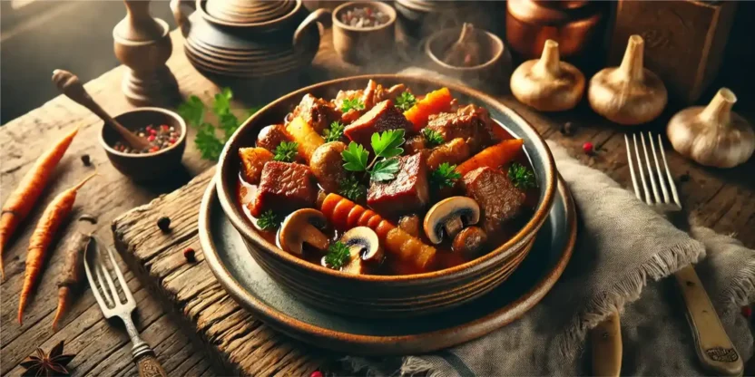 Traditional Estonian wild boar stew served hot in a rustic ceramic bowl. A hearty and flavorful dish made with slow-cooked wild game meat, root vegetables, mushrooms, and aromatic herbs.